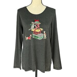 Karen Scott Large Top Holiday Cats Gifts Festive Christmas Long Sleeve Stretch
